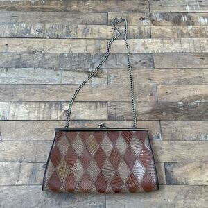 Vintage Clutch Handbag Kiss Lock Genuine Teju Lizard Skin Leather Patchwork